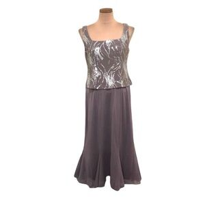 NWOT Alex Evenings Midi Tea Length Dress Size 14 Taupe Silver Sequin
